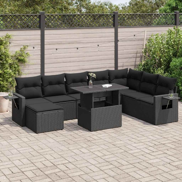 Set Divani da Giardino 9 pz con Cuscini Nero in Polyrattan