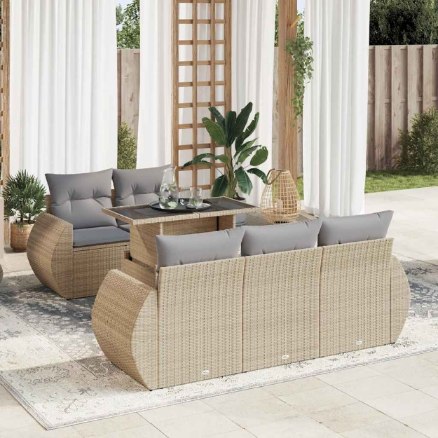 Set Divano da Giardino 6 pz con Cuscini Beige in Polyrattan