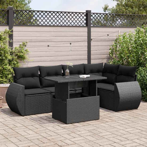 Set Divano da Giardino 6 pz con Cuscini Nero in Polyrattan