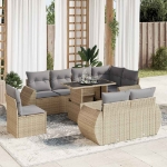 Set Divano da Giardino 9 pz con Cuscini Beige in Polyrattan