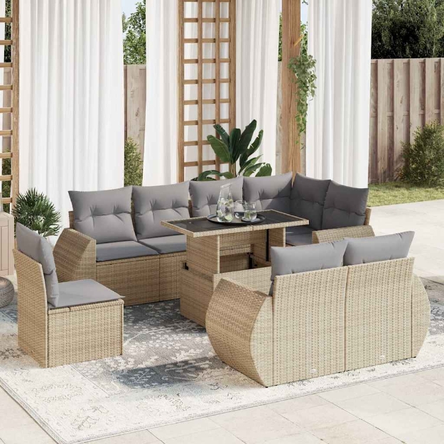 Set Divano da Giardino 9 pz con Cuscini Beige in Polyrattan
