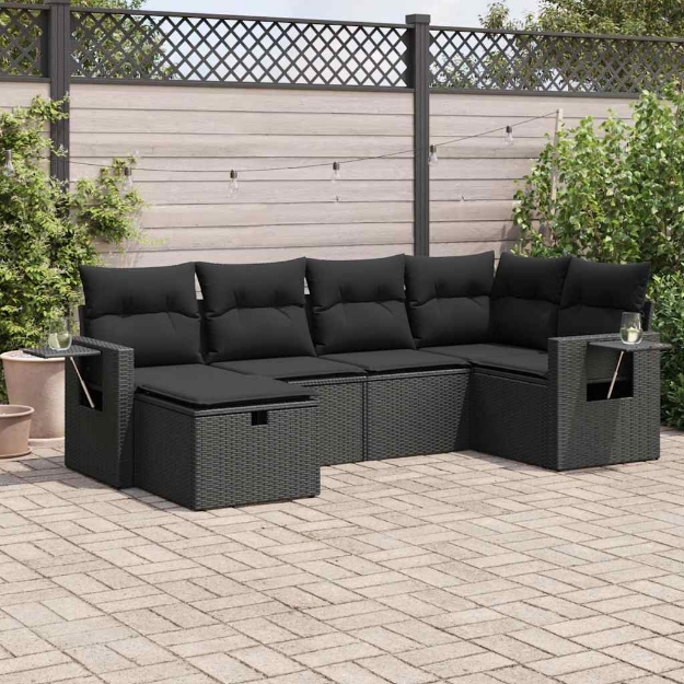 Set Divano da Giardino 6 pz con Cuscini Nero in Polyrattan