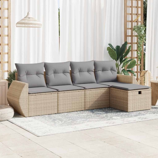 Set Divano da Giardino 5 pz con Cuscini Beige in Polyrattan