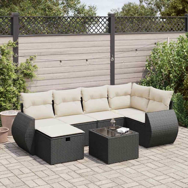 Set Divani da Giardino con Cuscini 7pz Nero Polyrattan