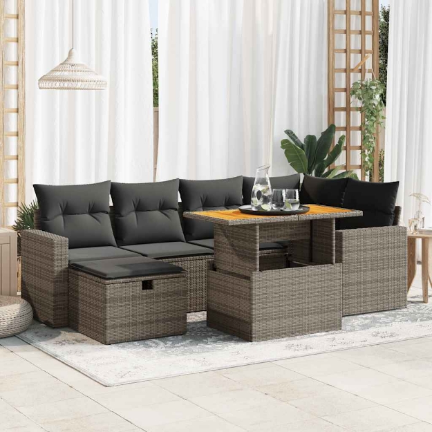 Set Divano da Giardino 8pz con Cuscini Grigio Polyrattan Acacia