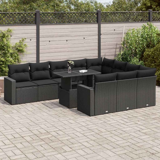 Set Divani da Giardino 11 pz con Cuscini in Polyrattan Nero