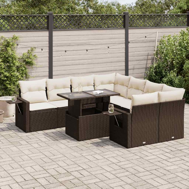 Set Divani da Giardino 9pz con Cuscini Marrone in Polyrattan
