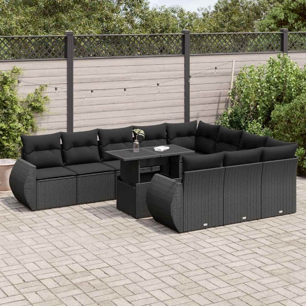 Set Divani da Giardino 11 pz con Cuscini in Polyrattan Nero