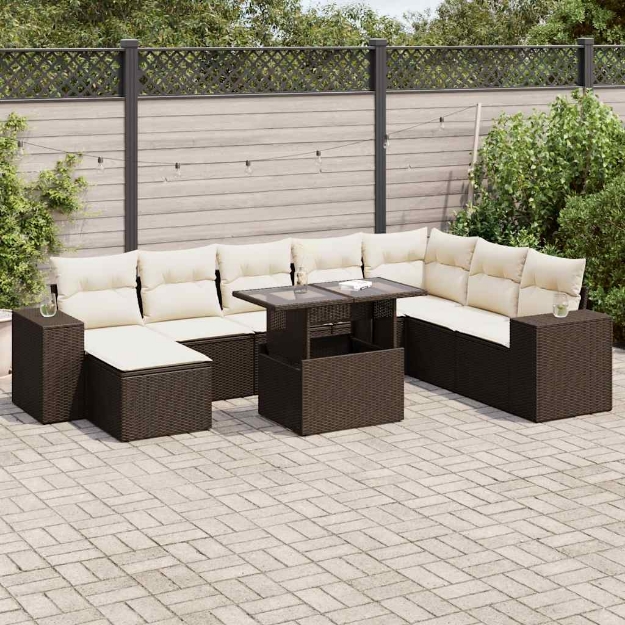 Set Divani da Giardino 9pz con Cuscini Marrone in Polyrattan