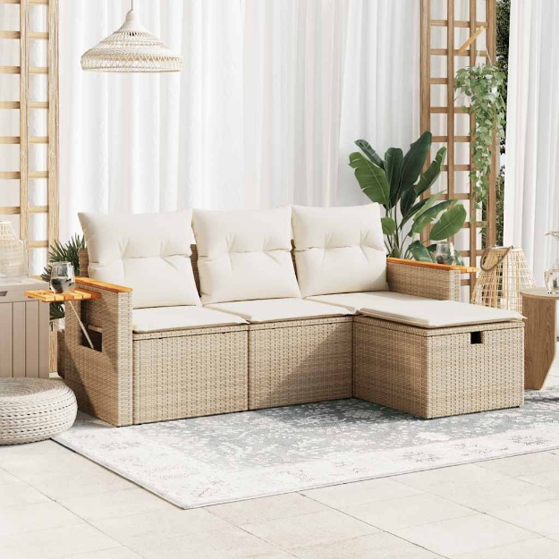 Set Divano da Giardino 4 pz con Cuscini Beige in Polyrattan