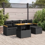 Set Divano da Giardino 6 pz con Cuscini Nero Polyrattan Acacia