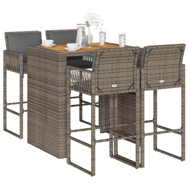 Set Bar da Giardino 5 pz con Cuscini Nero in Polyrattan Acacia