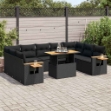 Set Divani Giardino 10pz con Cuscini Nero in Polyrattan Acacia