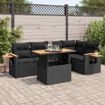 Set Divano da Giardino 6 pz con Cuscini Nero Polyrattan Acacia