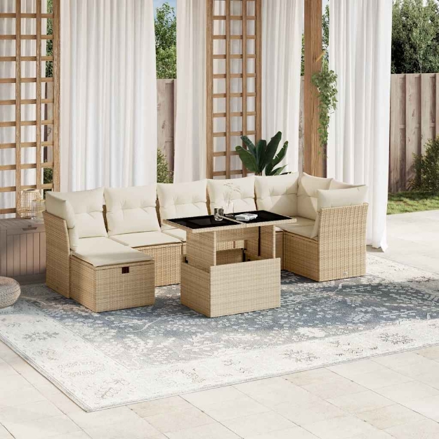 Set Divano da Giardino 8 pz con Cuscini Beige in Polyrattan