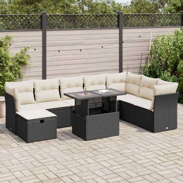 Set Divani da Giardino 9 pz con Cuscini Nero in Polyrattan