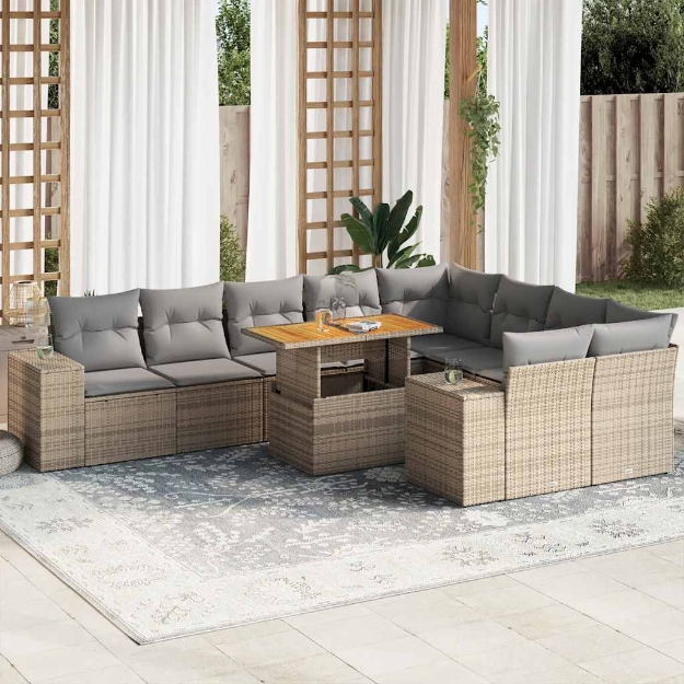 Divano da Giardino 10 pz con Cuscini Beige in Polyrattan Acacia