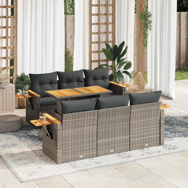 Set Divani da Giardino 7pz con Cuscini Grigio Polyrattan Acacia