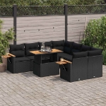 Set Divani da Giardino 9 pz con Cuscini Nero Polyrattan Acacia