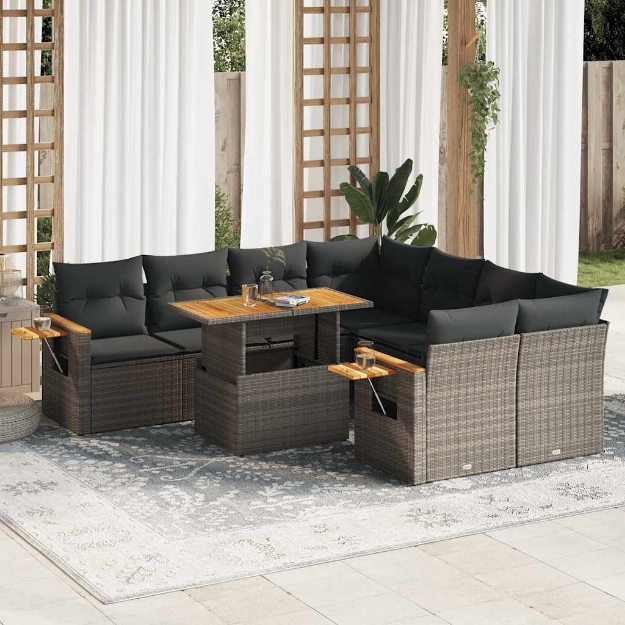 Set Divano da Giardino 9pz con Cuscini Grigio Polyrattan Acacia