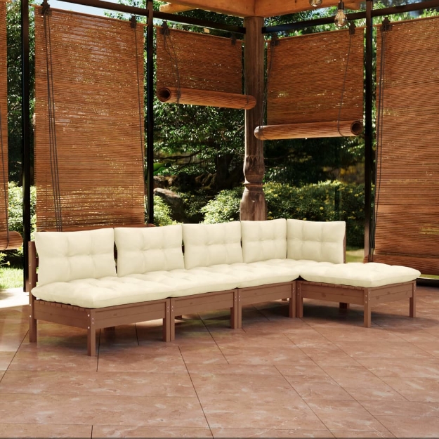 Set Salotto Giardino 5pz con Cuscini Marrone Ambra Legno Pino