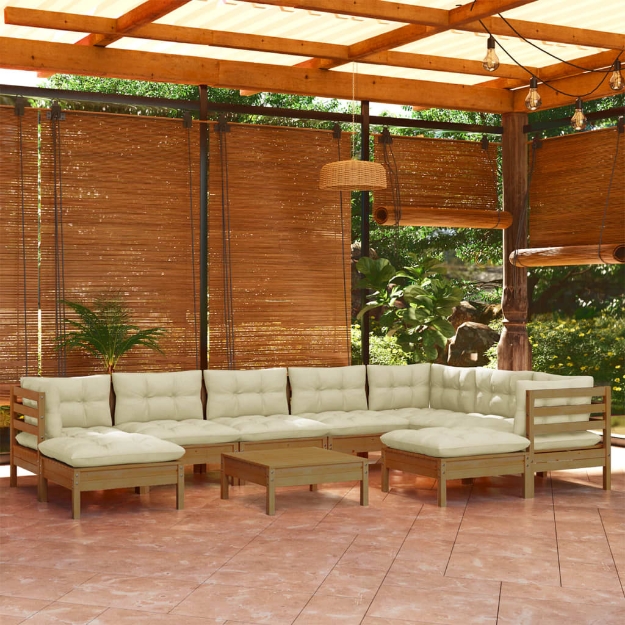 Set Salotto Giardino 10pz con Cuscini Marrone Ambra Legno Pino