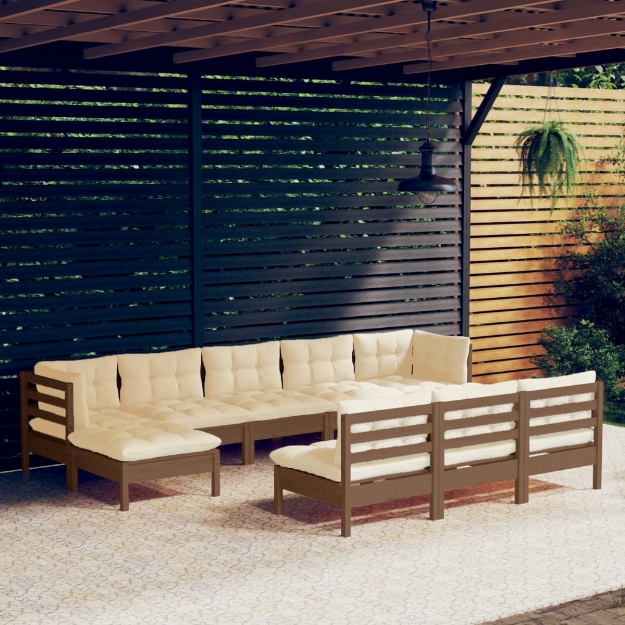 Set Salotto Giardino 10pz con Cuscini Marrone Ambra Legno Pino