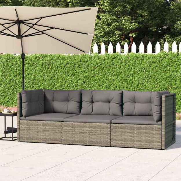 Set Divani da Giardino 3 pz con Cuscini in Polyrattan Grigio