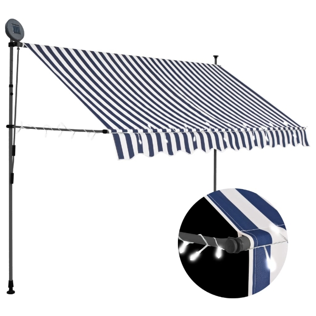 Tenda da Sole Retrattile Manuale con LED 300 cm Blu e Bianca
