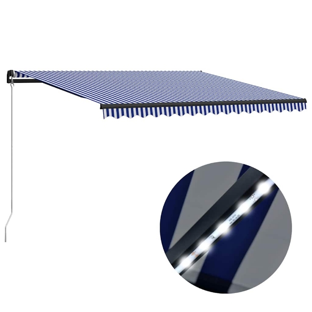 Tenda da Sole Retrattile Manuale con LED 450x300cm Blu e Bianco