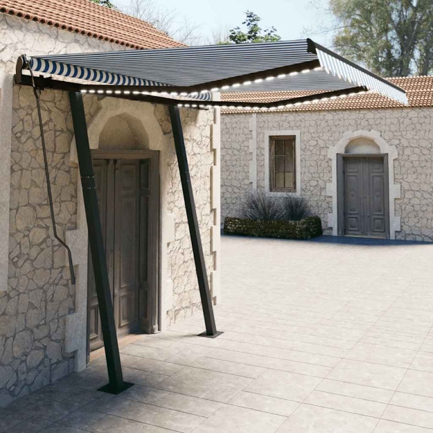 Tenda da Sole Retrattile Manuale con LED 3,5x2,5m Blu e Bianca