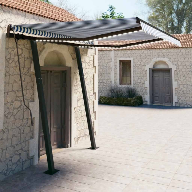 Tenda da Sole Retrattile Manuale con LED 3x2,5 m Blu e Bianco