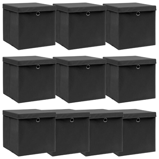 Scatole Portaoggetti con Coperchi 10pz Neri 32x32x32 cm Tessuto