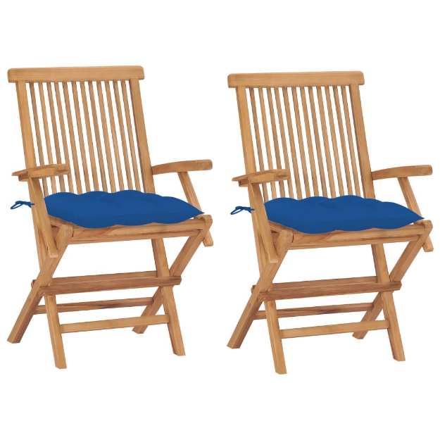 Sedie da Giardino 2 pz con Cuscini Blu Legno Massello di Teak