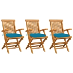 Sedie da Giardino con Cuscini Azzurri 3 pz Legno Massello Teak