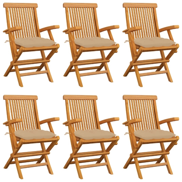 Sedie da Giardino con Cuscini Beige 6 pz Legno Massello di Teak