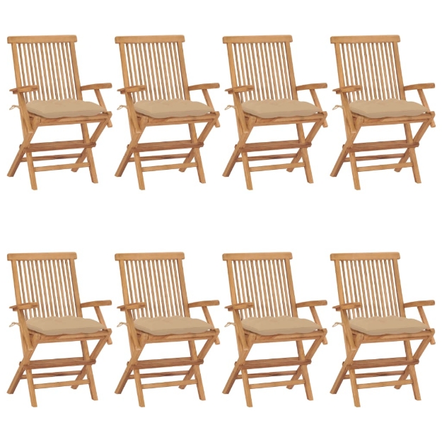Sedie da Giardino con Cuscini Beige 8pz Legno Massello di Teak
