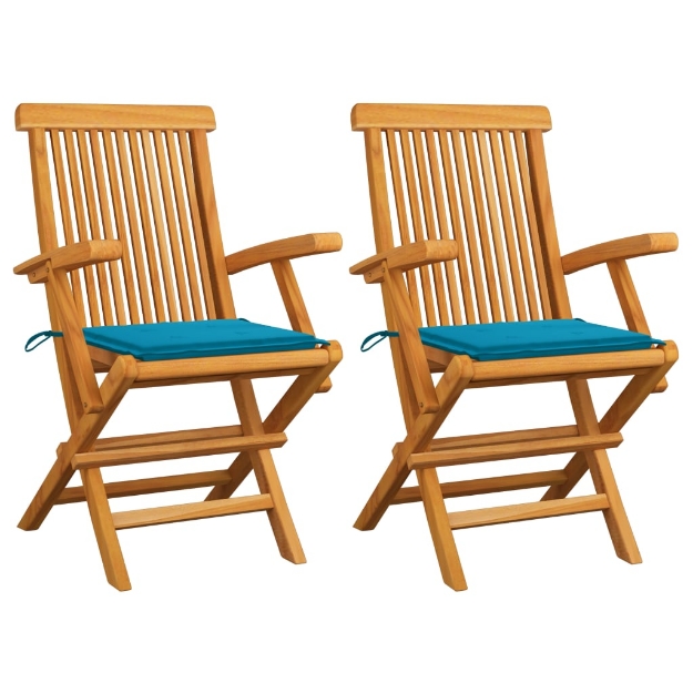 Sedie da Giardino con Cuscini Blu 2pz Legno Massello di Teak