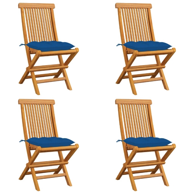 Sedie da Giardino con Cuscini Blu 4 pz Massello di Teak