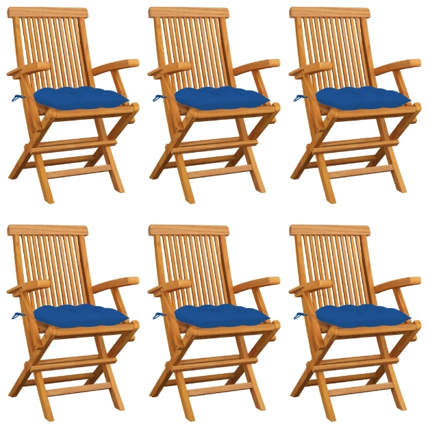 Sedie da Giardino con Cuscini Blu 6 pz Legno Massello di Teak