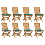 Sedie da Giardino con Cuscini Blu 8 pz in Massello di Teak