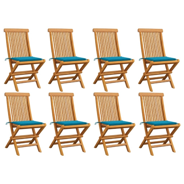 Sedie da Giardino con Cuscini Blu 8 pz in Massello di Teak