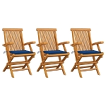 Sedie da Giardino con Cuscini Blu Reale 3pz Legno Massello Teak