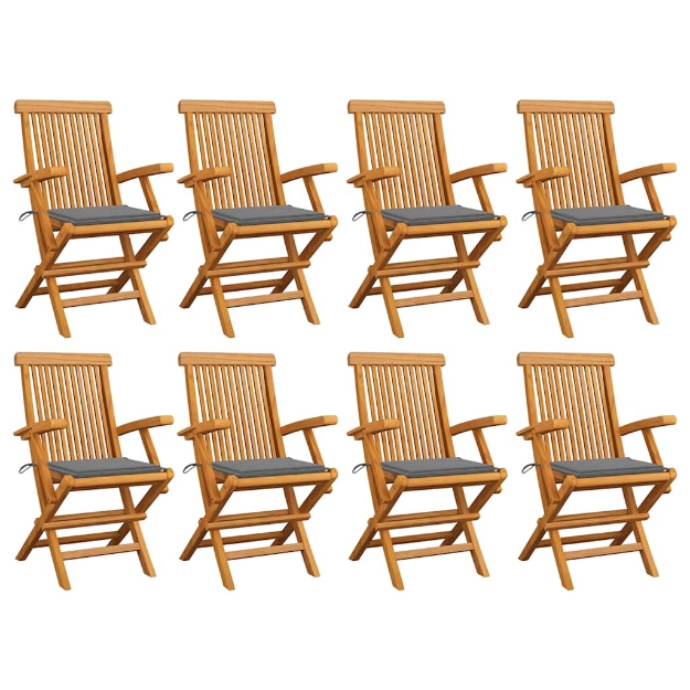 Sedie da Giardino con Cuscini Grigi 8 pz Legno Massello di Teak