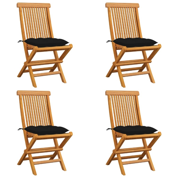 Sedie da Giardino con Cuscini Neri 4 pz Massello di Teak