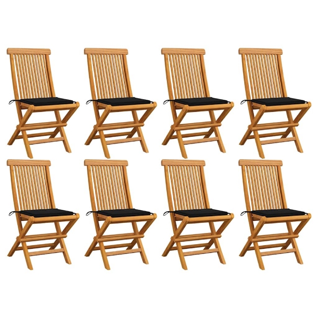 Sedie da Giardino con Cuscini Neri 8 pz in Massello di Teak
