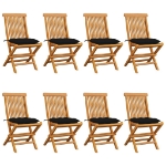 Sedie da Giardino con Cuscini Neri 8 pz in Massello di Teak