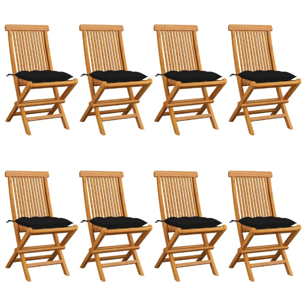 Sedie da Giardino con Cuscini Neri 8 pz in Massello di Teak