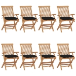 Sedie da Giardino con Cuscini Neri 8pz Legno Massello di Teak