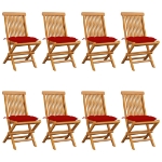 Sedie da Giardino con Cuscini Rossi 8 pz in Massello di Teak